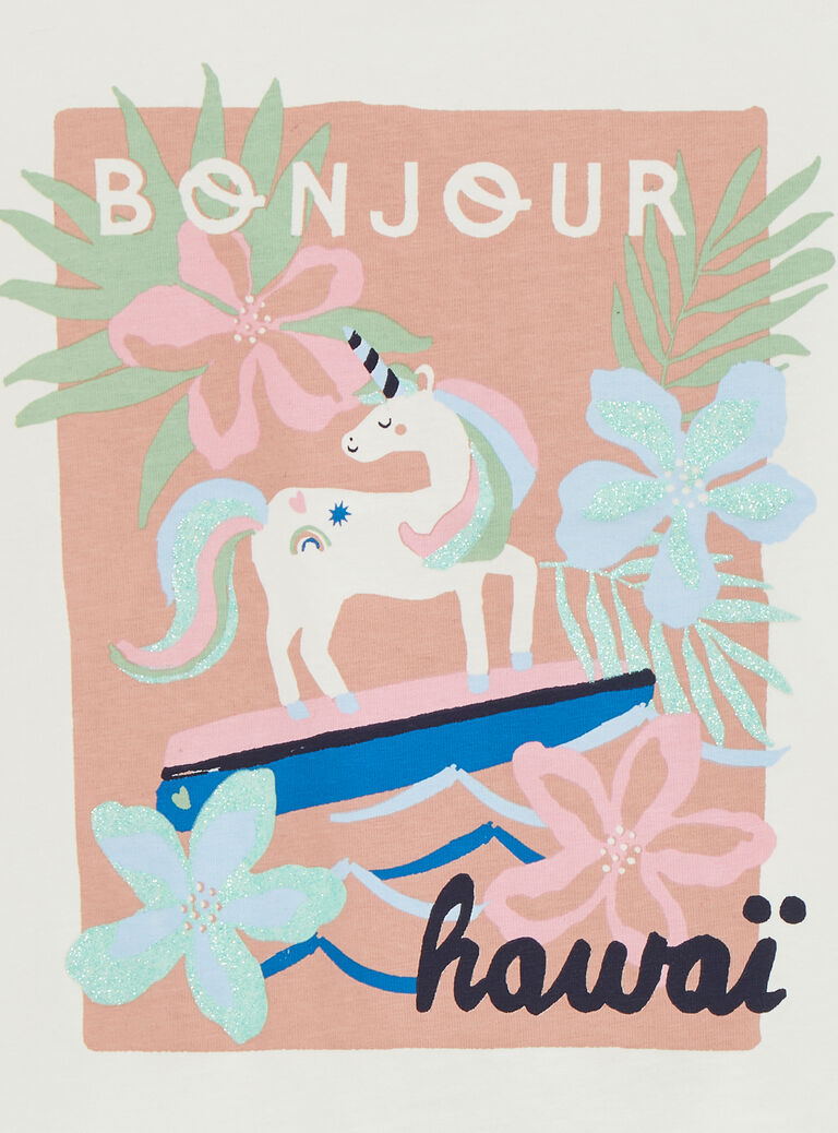 T-shirt écru animation licorne paillette pour fille