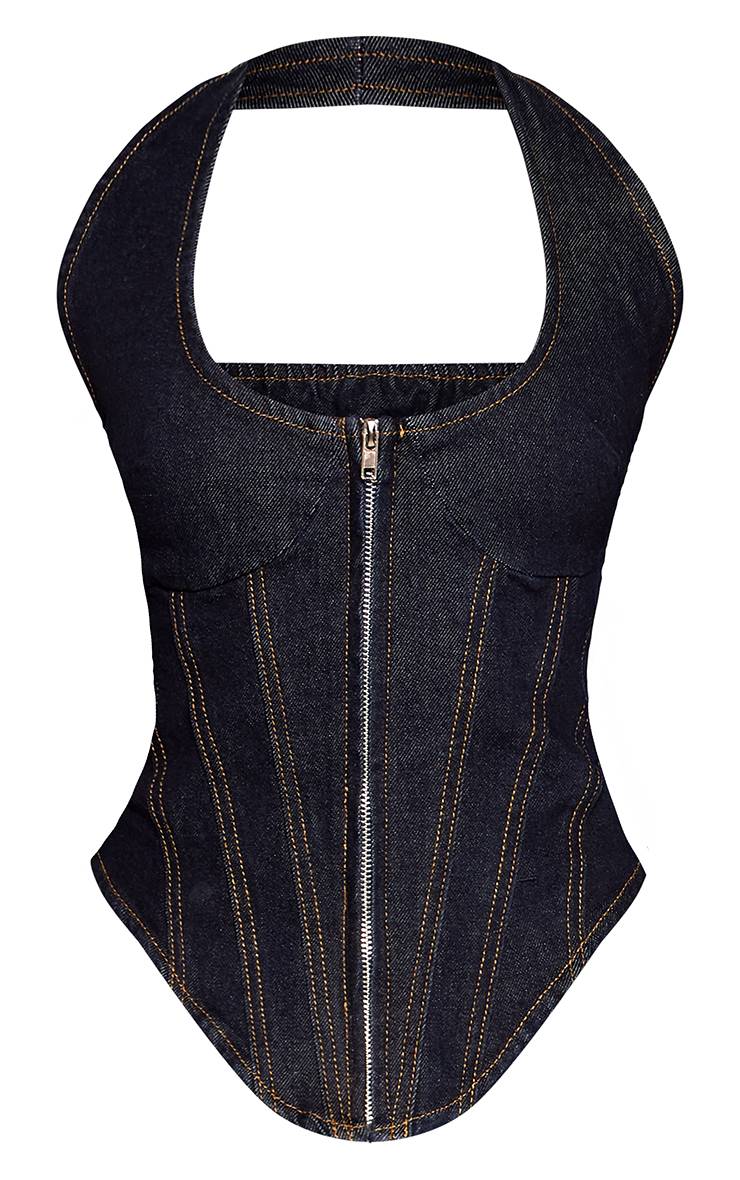 Raw Indigo Wash Top Corset Style Col Licou Avec Fermeture Éclair Devant Brut