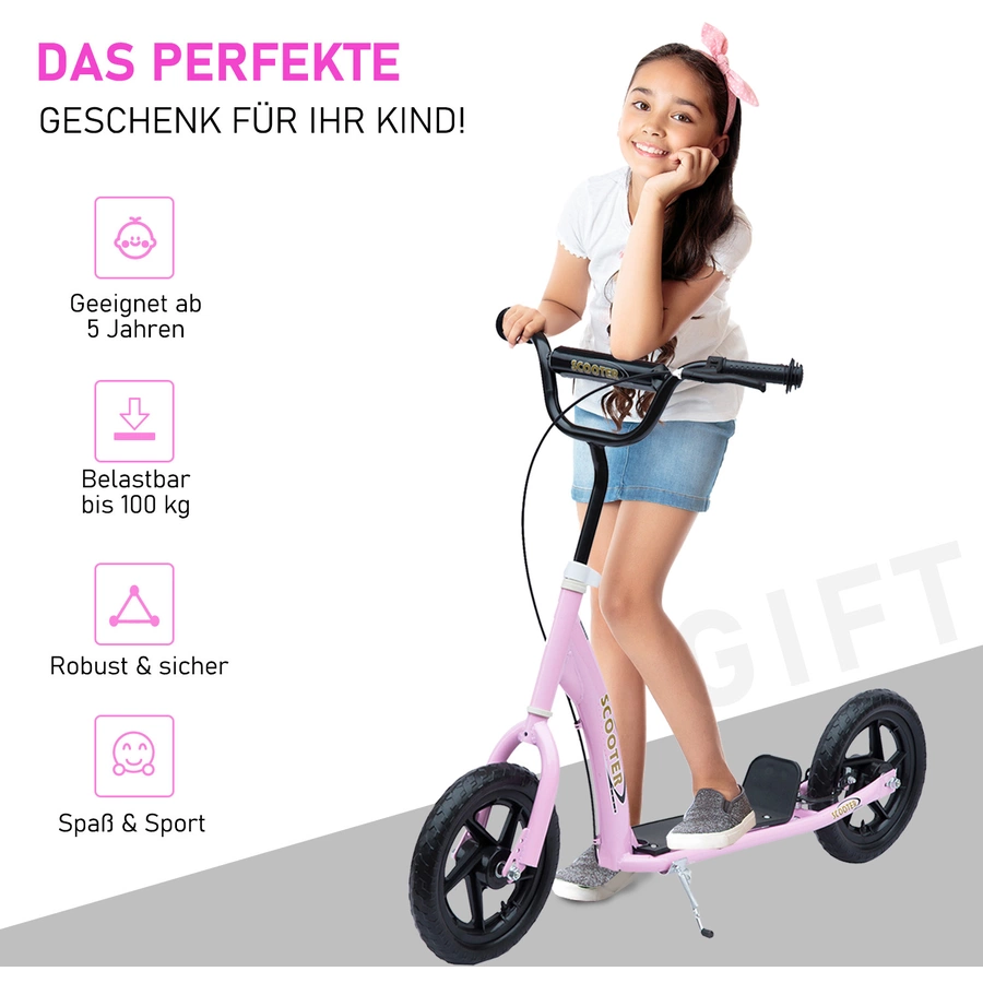 HOMCOM Kinderroller Anti-Rutsch Trittfläche, Metallfahrradständer zum Parken, pink