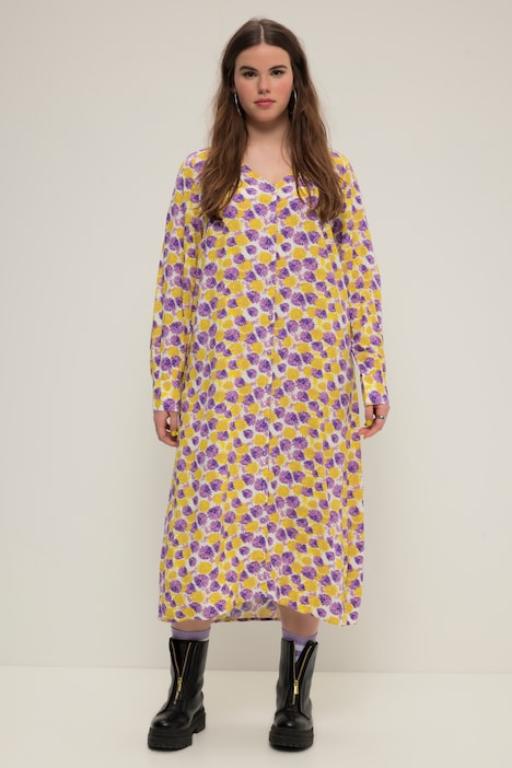 Maxikleid, A-Line, Allover-Print, V-Ausschnitt, Knopfleiste
