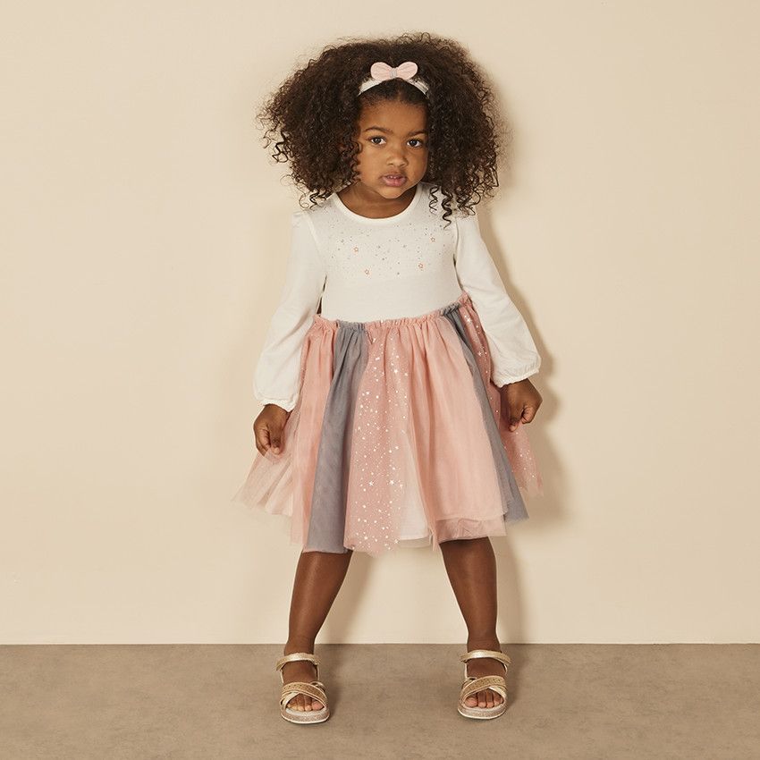 Ensemble 2 pièces robe avec tulle bicolore + bandeau pour bébé fille - Ecru