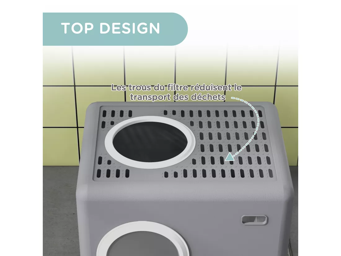 Maison de toilette chat porte battante et haute pelle PP gris blanc