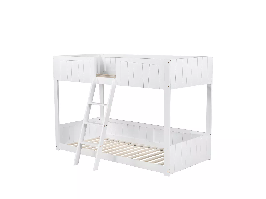 Lit superposé 90x200cm avec échelle et une étagère - en bois de pin et MDF - Blanc