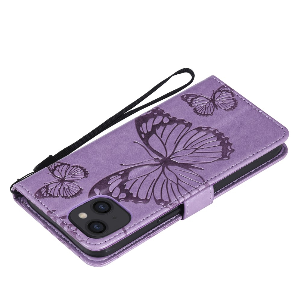 iPhone 13 Leder Tasche mit Kartenfach   Handschlaufe Schmetterling - Lila