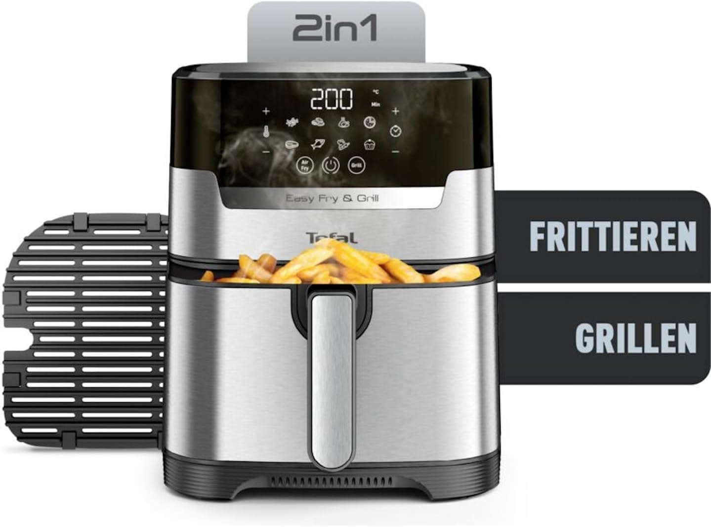 Tefal Easy Fry & Grill Heißluftfritteuse, 2-in-1 Technologie Air Fryer und Grill, Digitales Display, 4,6 Liter für 6 Portionen, 8 Kochprogramme, energiesparend, ohne Öl, Edelstahl, XL Volumen, EY505D