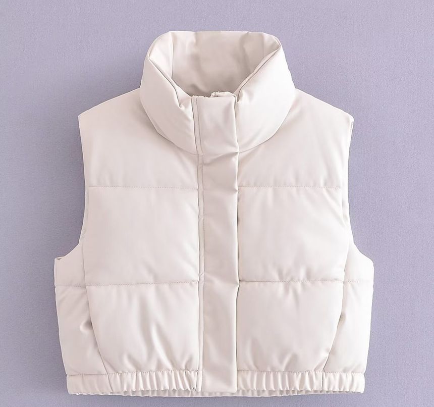 Susaine - Opstaande kraag, effen gewatteerd imitatieleren cropped vest met rits
