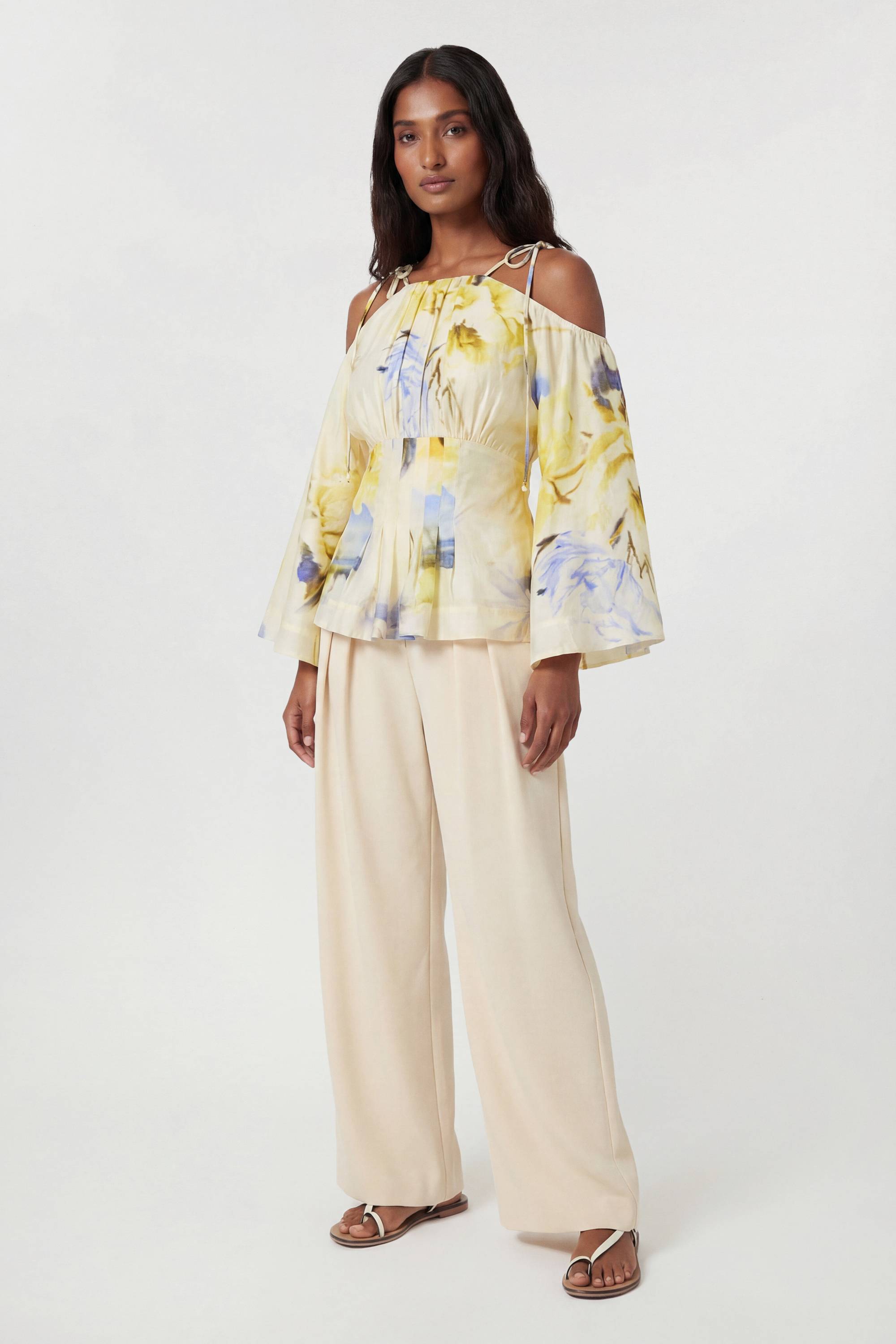 KarenMillen Chemisier Tissé Bleu À Fleurs Froncé Épaules Dénudées