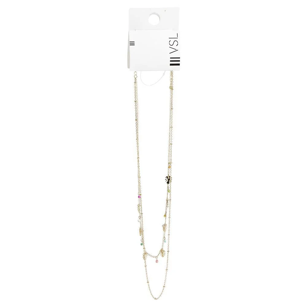 Collier double chaîne métal doré avec feuilles et perles multicolore