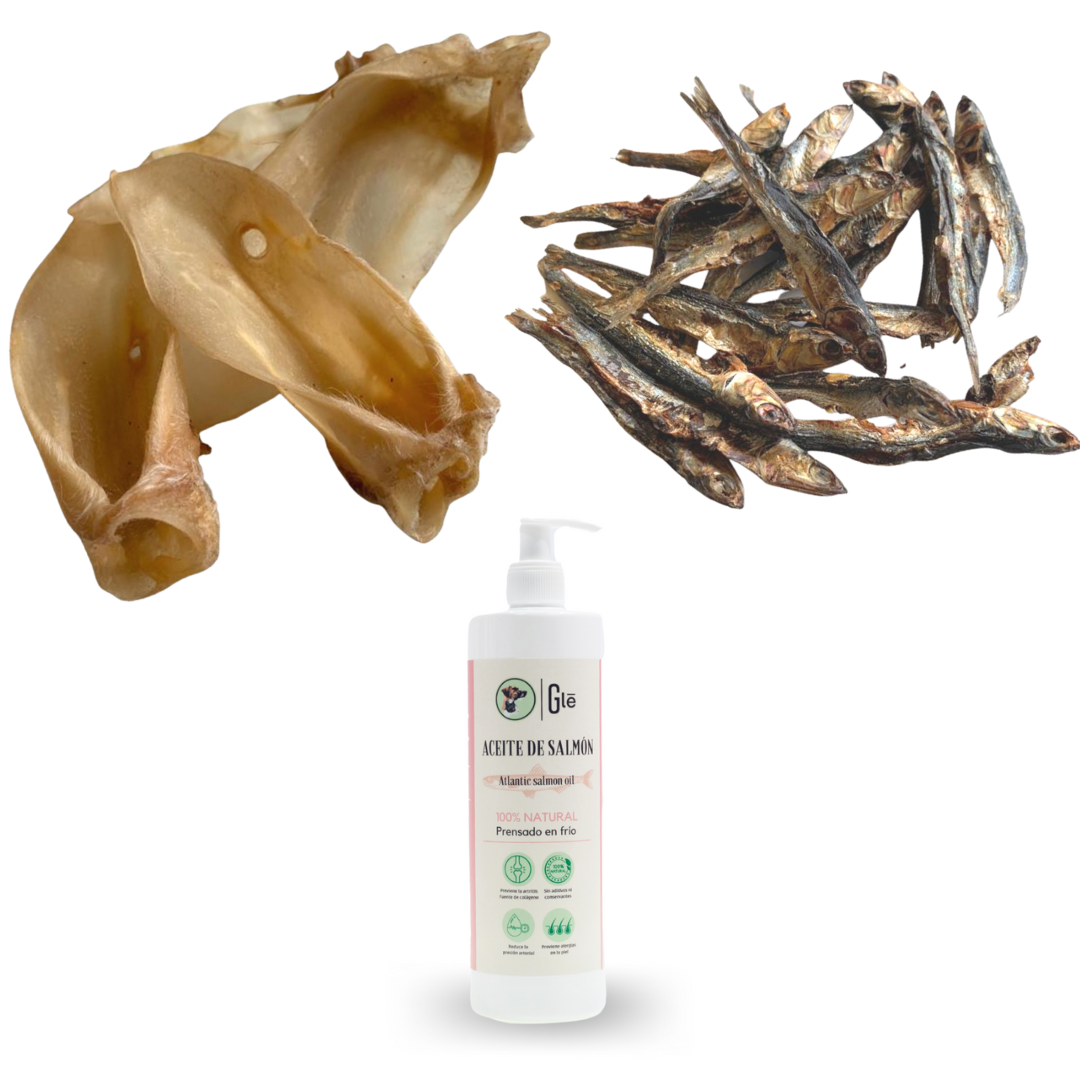 Caixa de petiscos naturais GLE Pets, presentes para cães, recompensas saudáveis, 5 saquinhos sortidos + óleo de salmão para cães (250 ml) - caixa amarela