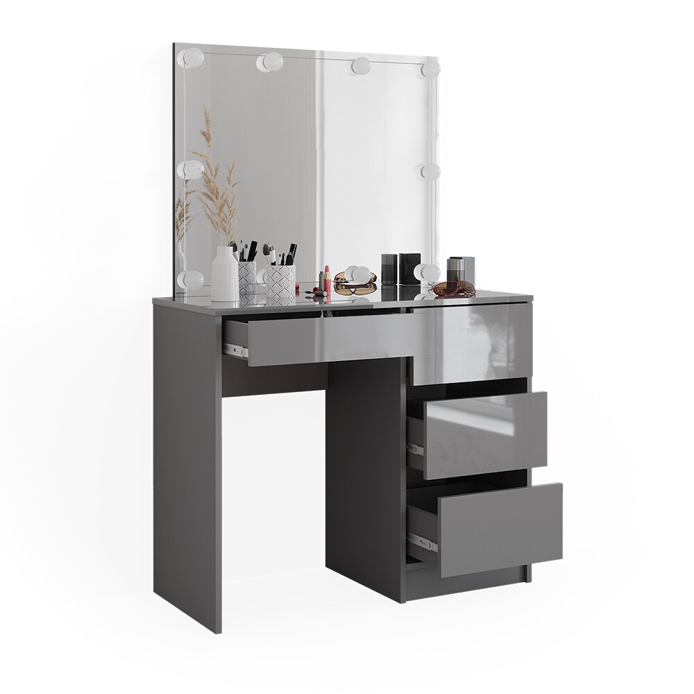 Vicco Schminktisch Sherry Grau Hochglanz, 90 x 75 cm, Spiegel, LED, Frisiertisch