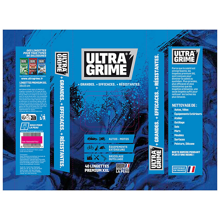 40 lingettes multi-usages premium XXL UltraGrime L.38 x l.25 cm