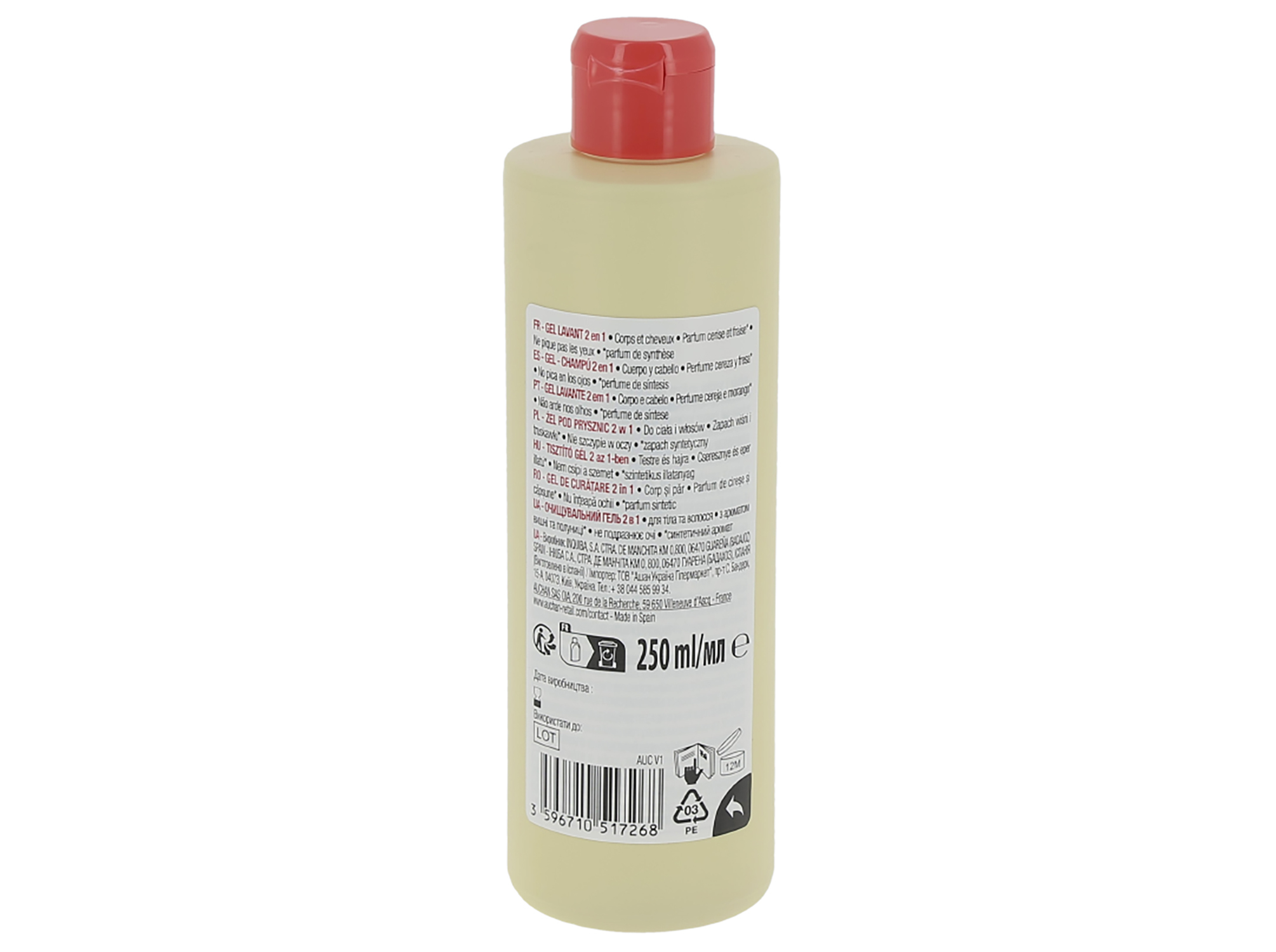 GEL DE BANHO AUCHAN KIDS 2EM1 CORPO E CABELO CEREJA E MORANGO 250ML
