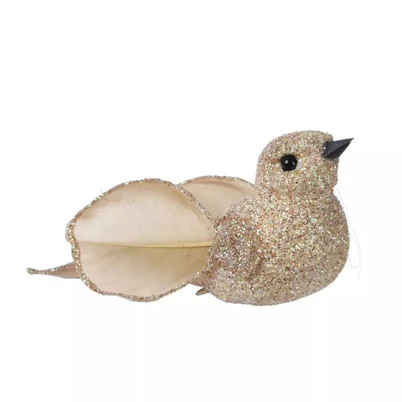 Oiseau de Noël sur cip (H4 cm) Plume Champagne