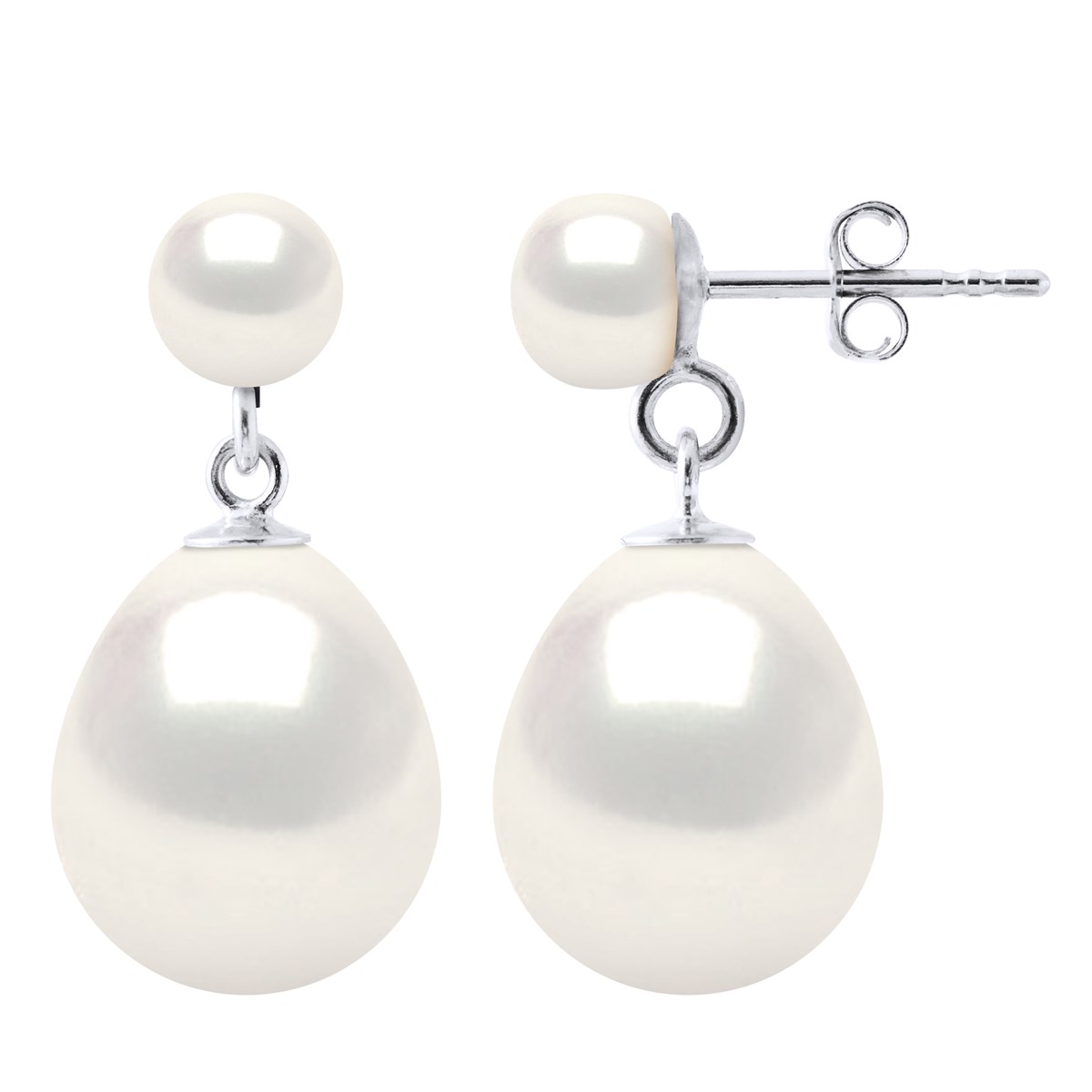 STELLA - Boucles d'Oreilles Perles d'Eau Douce 10-11 mm Blanches Or Blanc