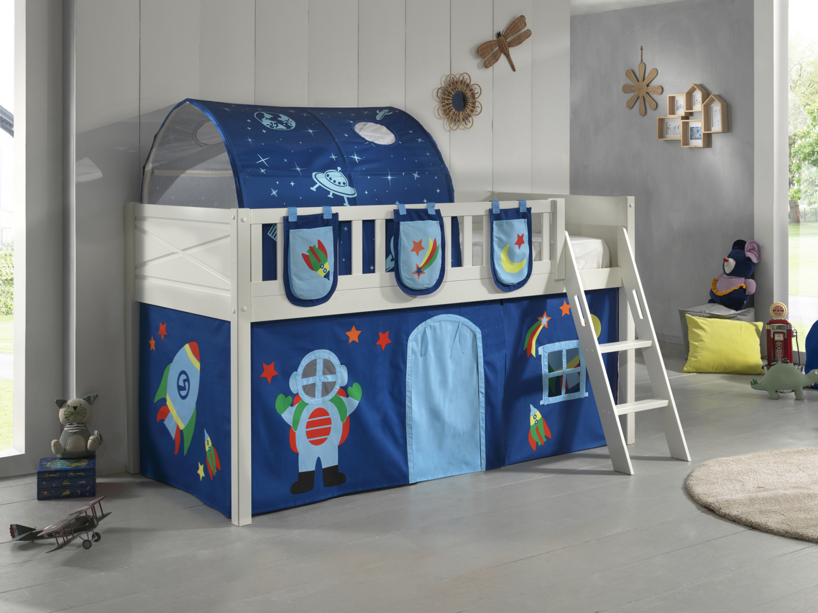Spielbett SCOTT - weiß - Astro - mit Vorhang, Leiter, Tunnel und Taschen - 90x200 cm