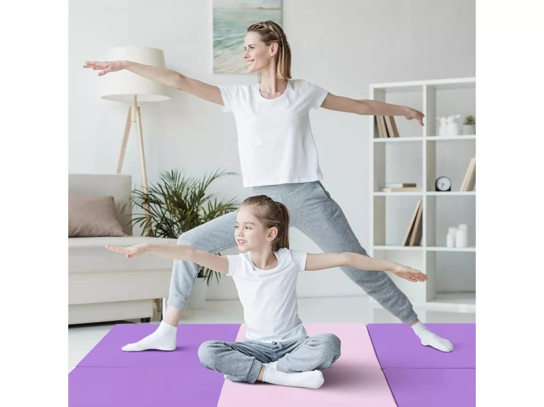 Tapis de Gymnastique Pliable Epais, Matelas d'Entrainement en Mousse et PU avec Poignées, pour Gymnastes Entraînements Sportifs Yoga, 180x60x5CM (Violet et Rose)