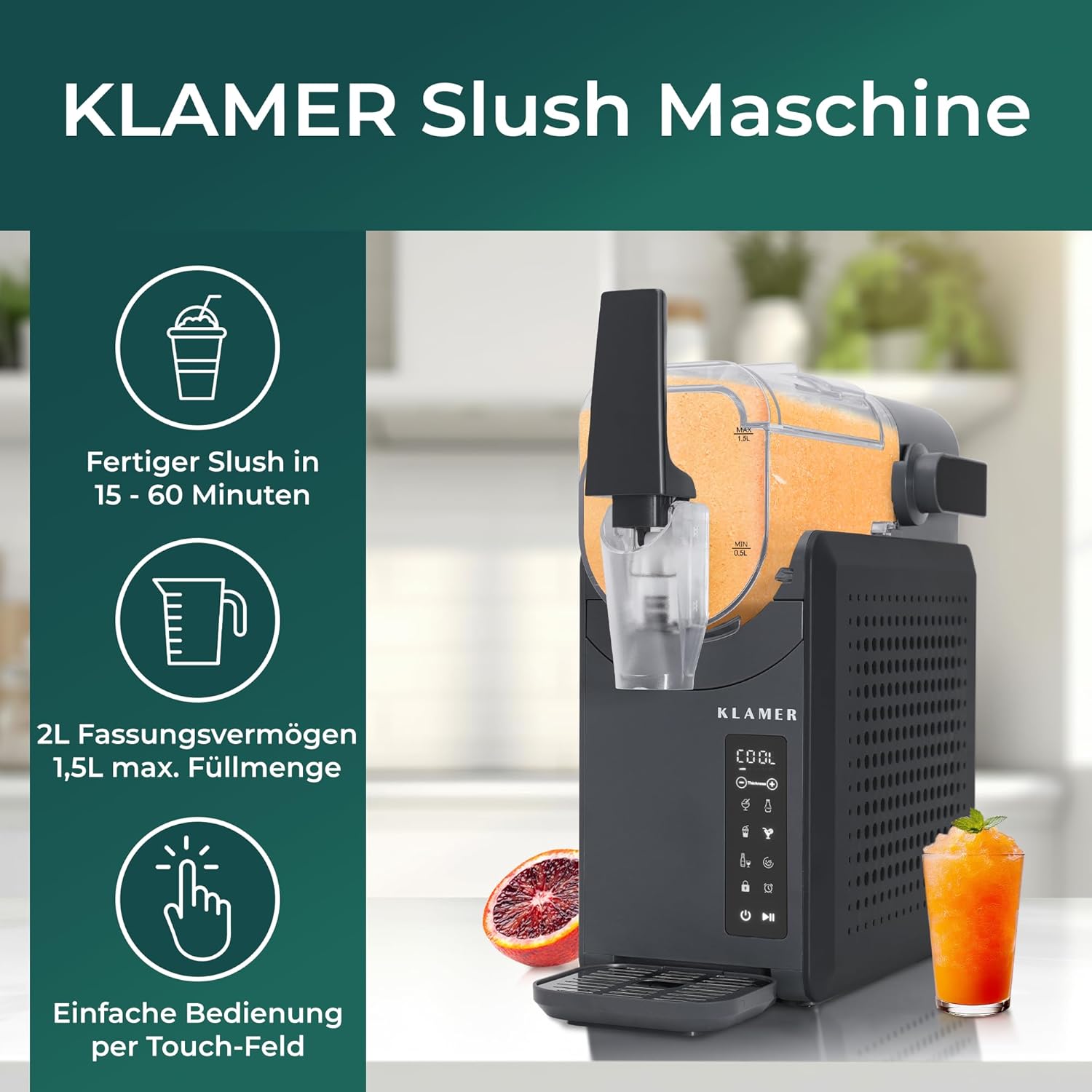 KLAMER Slush Maschine, mit 5 voreingestellten Programmen: Slushie, Cocktail, Milchshake, Frappé, Wein, Automatische Reinigung, 2L Fassungsvolumen, Turbo Freeze, kein Eis erforderlich
