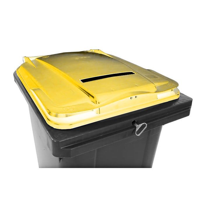 Afvalcontainer 240 liter grijs met geel deksel met papiergleuf en driekantslot (6151801884857)