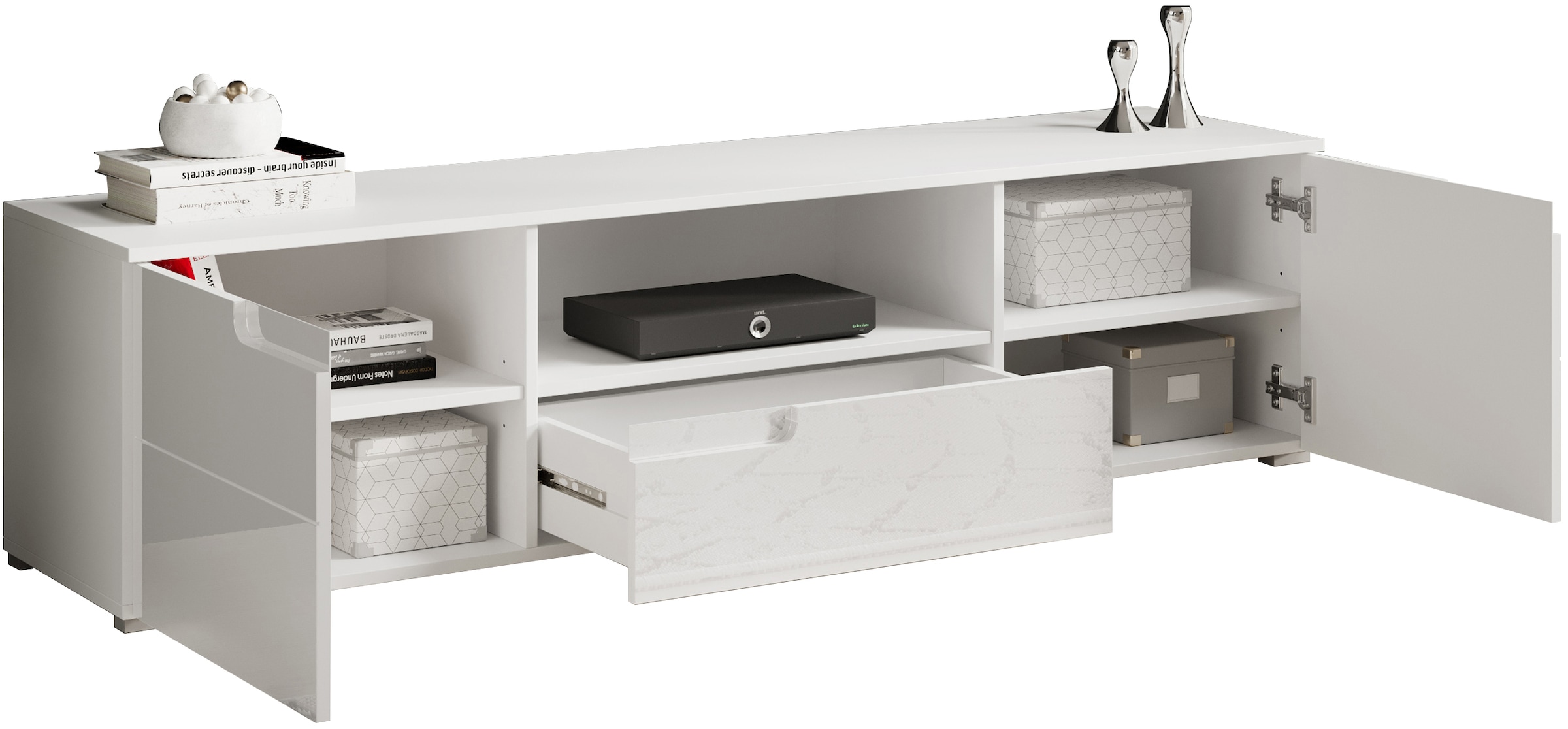 HBZ Lowboard »Spice weiss Hochglanz, TV Schrank bis 65 Zoll, BxHxT 165x42x40 cm« 1 Stk. tlg. Mit 2 Türen, 1 Schubkasten, 1 Kabeldurchführung, 1 offenes Fach