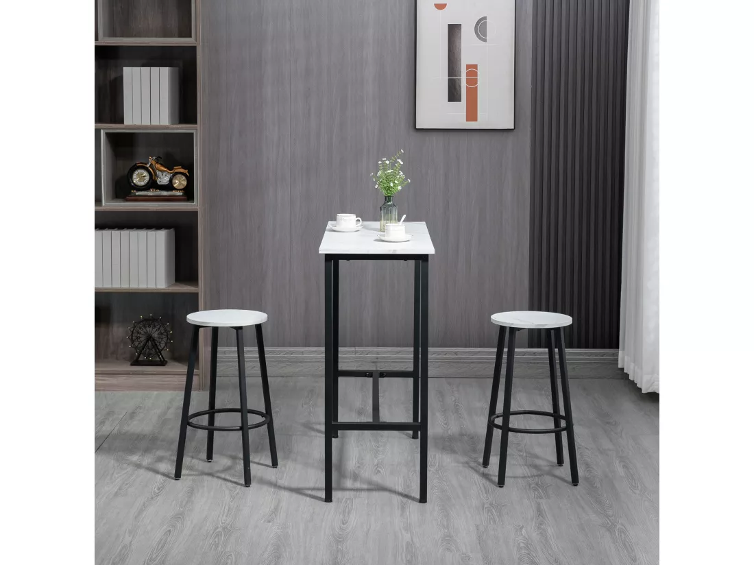 Ensemble 2 places 3 pièces design contemporain - acier noir aspect marbre blanc