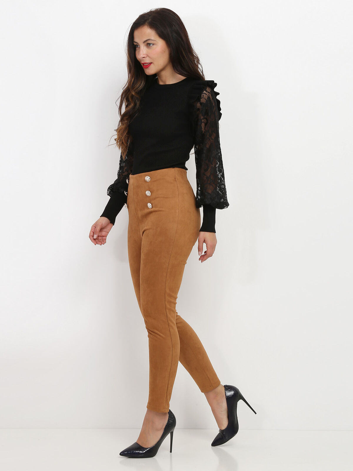 Pantalon en suédine à boutons- Camel foncé