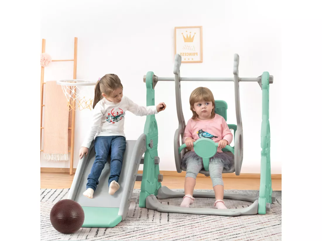Toboggan 4 en 1 avec balançoire et support de basket-ball pour enfants, échelle d'escalade, pour intérieure et extérieure, vert