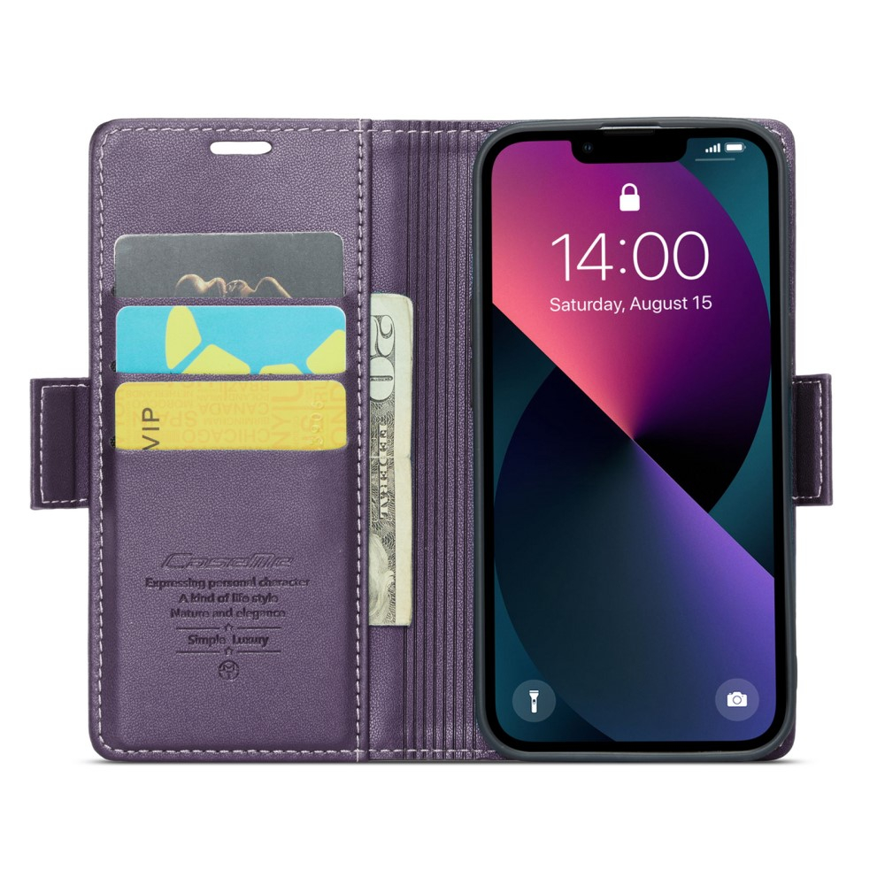 iPhone 14 Leder Tasche Flip Wallet Etui mit Kartenfächern Litchi Look (RFID Schutz) - Violett