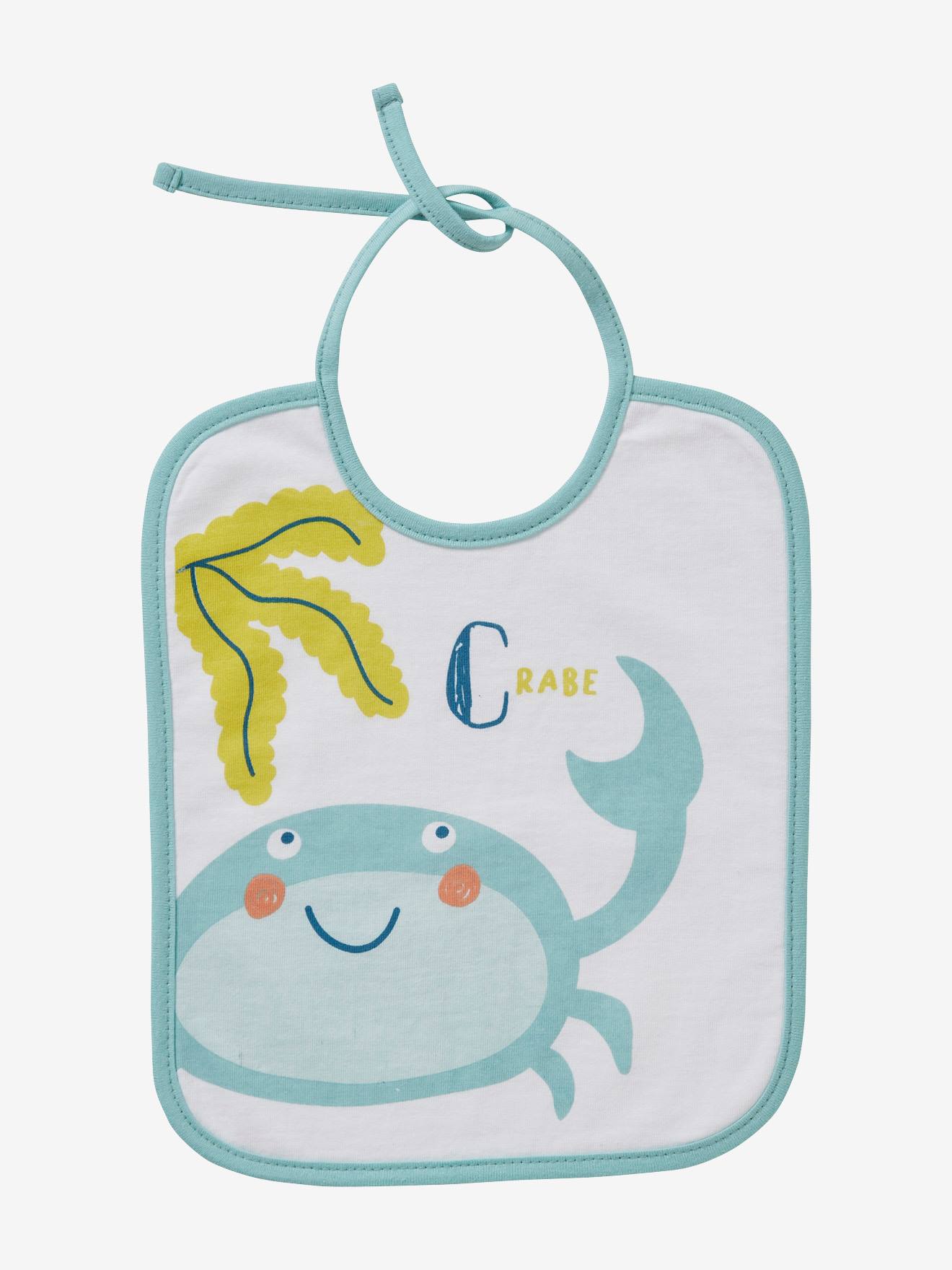 Conjunto de 7 babadores VERTBAUDET para bebês com animais marinhos, lisos, brancos com estampas.