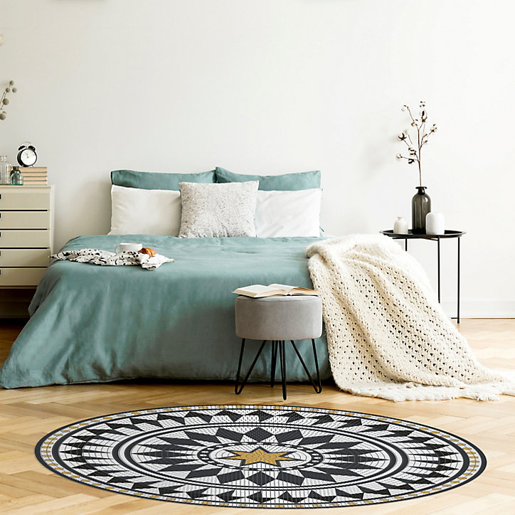 Tapis vinyle rond mosaïque blanc, noire et orange ⌀99cm x ep. 2mm