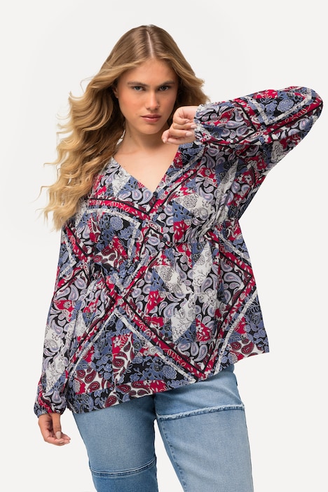 Bluse, Patchmuster, Schößchen, V-Ausschnitt, Langarm