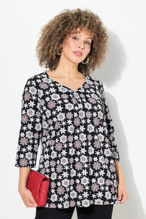Shirt, Schneeflocken, A-Linie, V-Ausschnitt, 3/4-Arm