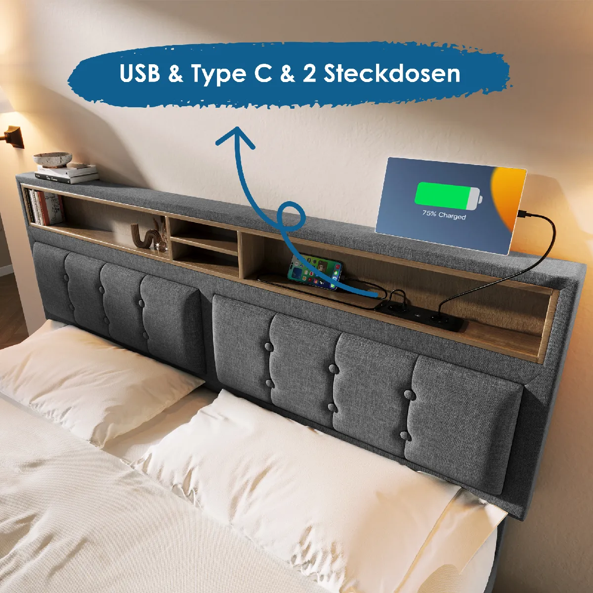 KOMHTOM Lit double avec tiroirs et USB-C - Gris 160x200 cm