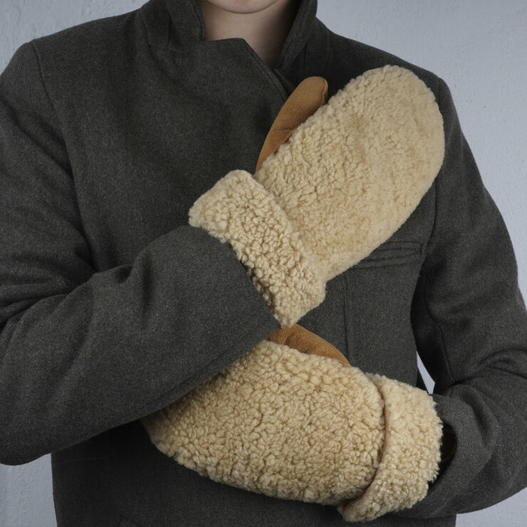 Lovelies COLON - MITTENS - PALM OF SUEDE AND UPPER OF CURLY SHEARLING Champagne / almon