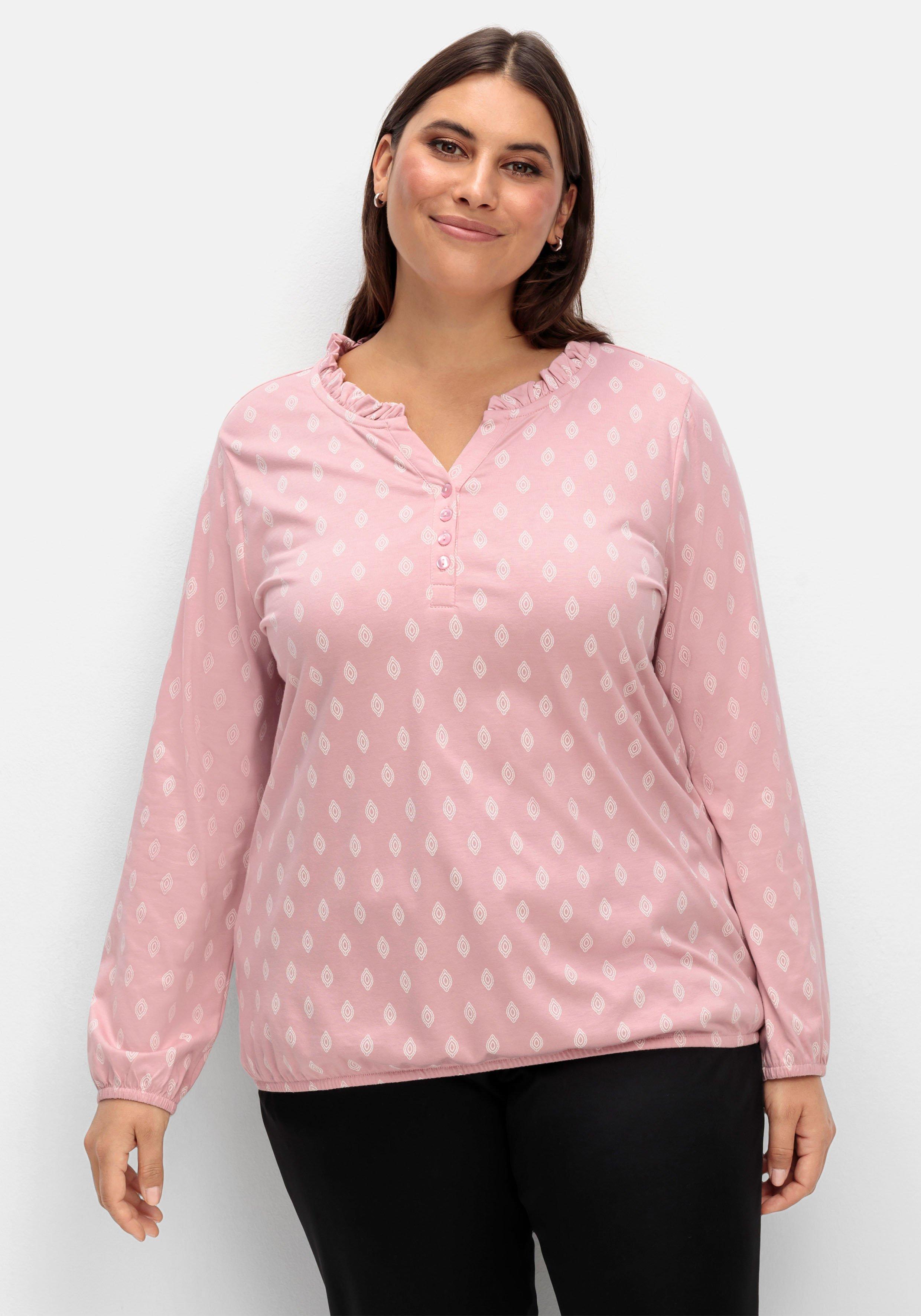 Langarmshirt mit Alloverdruck und kurzer Knopfleiste