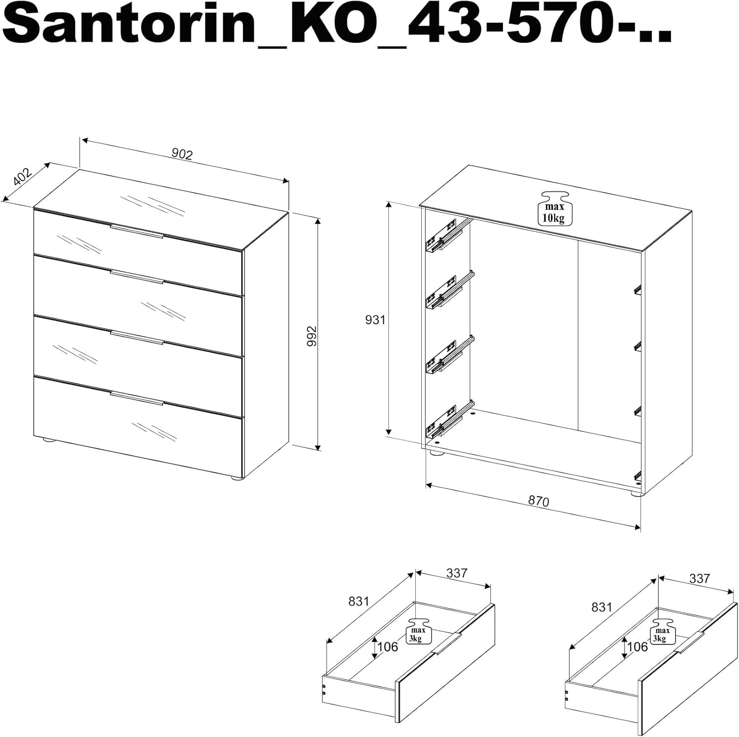 Kommode SANTORIN weiß mit Glasfront, Schrank Korpus in weiß mit Oberboden in Glas und Schubladen für Ihren Wohnbereich - 90 x 99 x 40 cm (B/H/T)