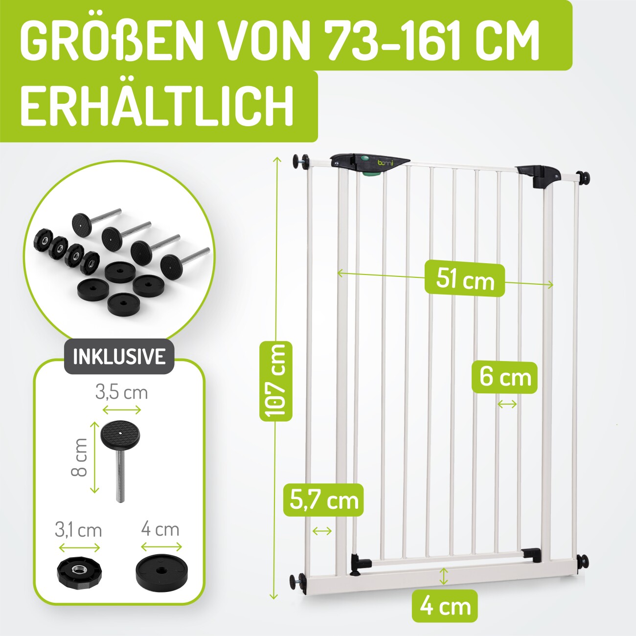 bomi Türschutzgitter Extrahoch 107 cm - Mira 73-161 cm in Weiß für Hunde & Katzen XS