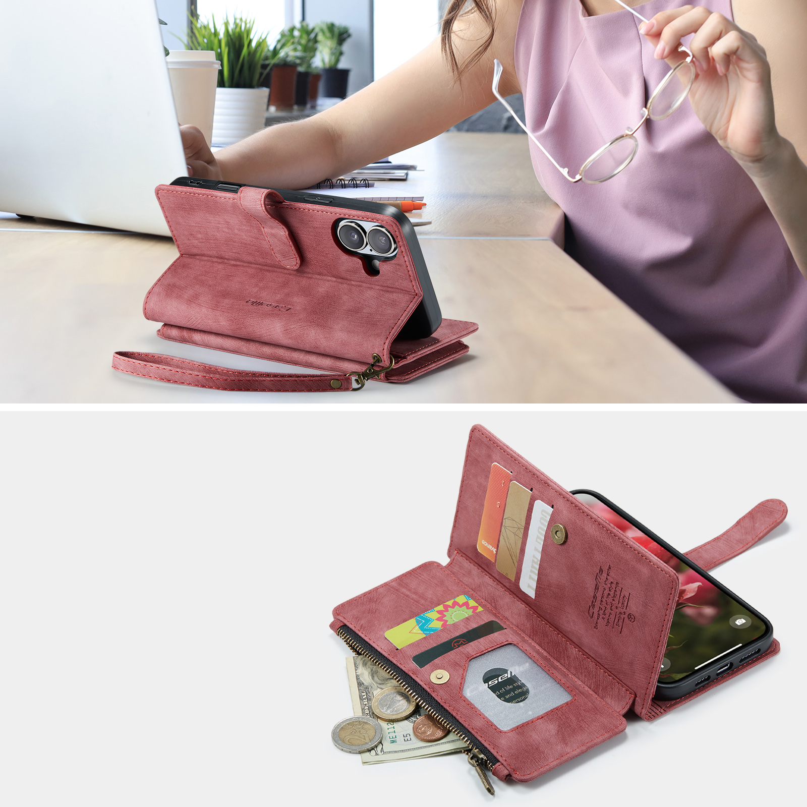 iPhone 17 2in1 Leder Tasche Karten Etui - Dunkelrot