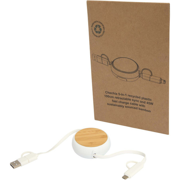 PF Concept 124419 - Câble rétractable 5 en 1 Chechia de 100 cm en plastique recyclé pour la synchronisation des données et la charge rapide de 45 W