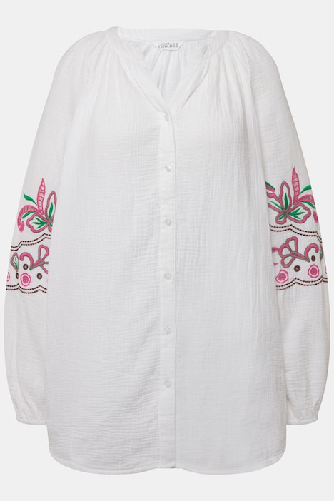 Musselin-Bluse, oversized, Tunika-Ausschnitt, Stickereien