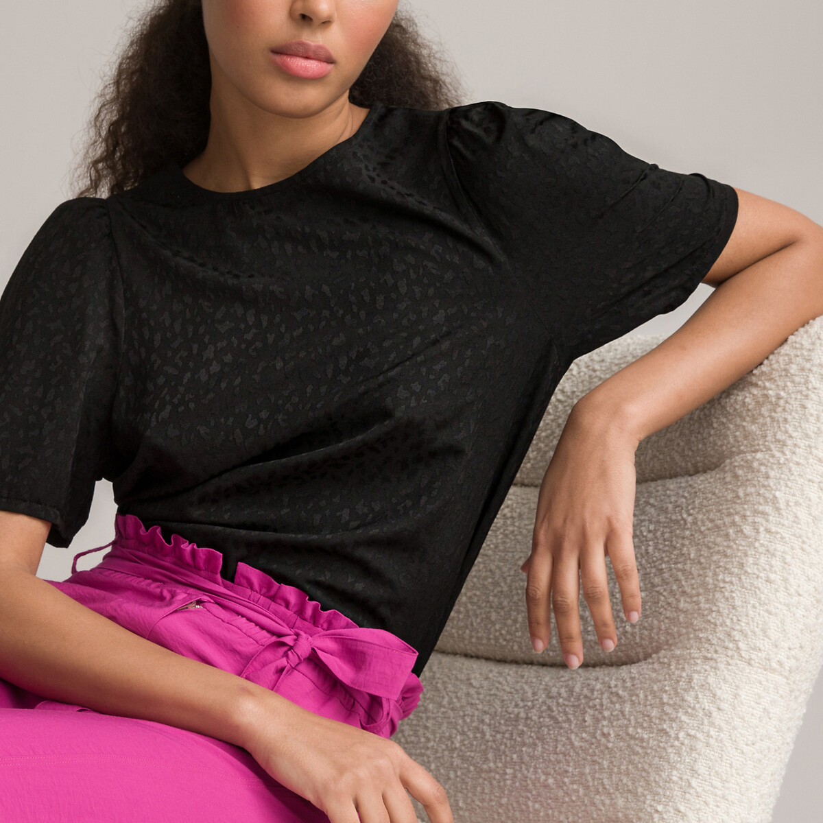 COLEÇÃO LA REDOUTE<br>Blusa com estampa jacquard, decote redondo e mangas curtas