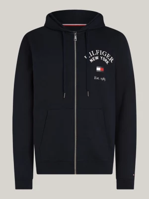 Moletom com capuz e zíper com logo arqueado estilo universitário