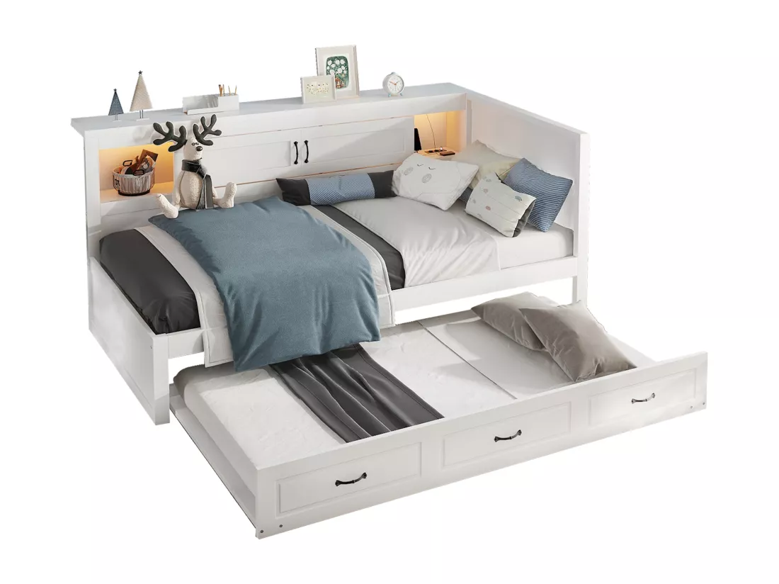 Lit banquette 90x200cm avec LED et prises - avec un lit gigogne 90x190cm - Blanc