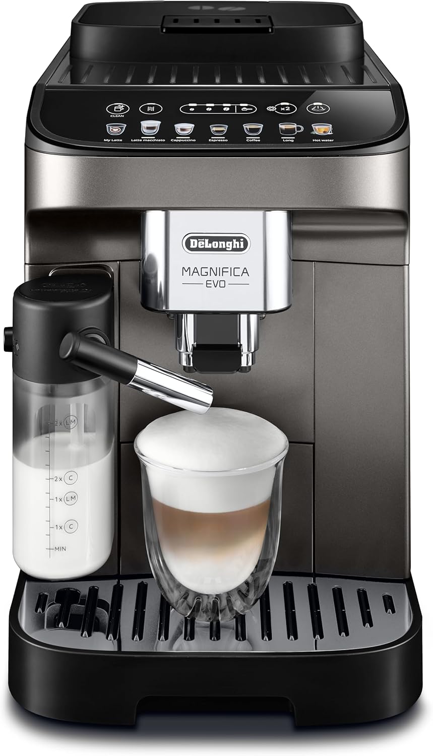 De'Longhi Magnifica Evo ECAM290.81.TB, Vollautomatische Kaffeemaschine, Kompakte Größe, Bean-to-Cup-Maschine, Automatischer Milchaufschäumer, 7 Rezepte, Soft Touch Farbdisplay, Titan/Schwarz