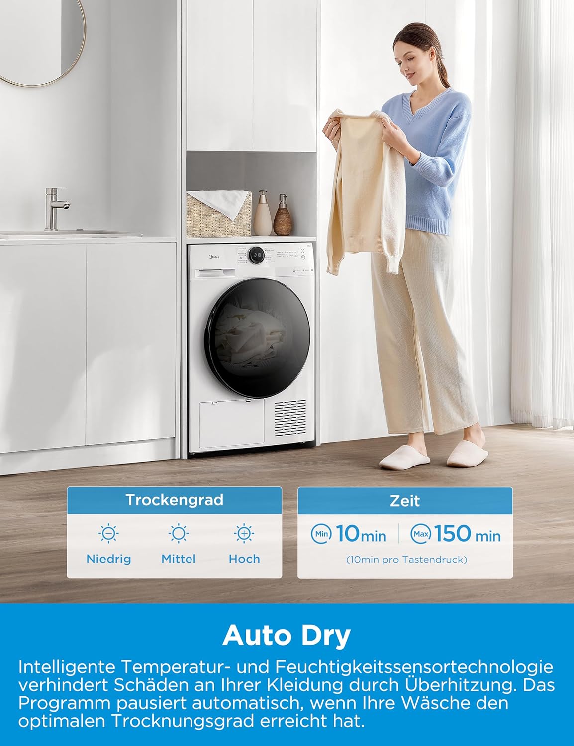 Midea MD20EH80WB-A3 Wärmepumpentrockner, 8 kg, Energieklasse C, UV Hygience, Knitterschutz, Sanfte Pflege, Auto Dry, Wollpflege, Auffrischen, Fernsteuerung, Startzeitvorwahl, Weiß