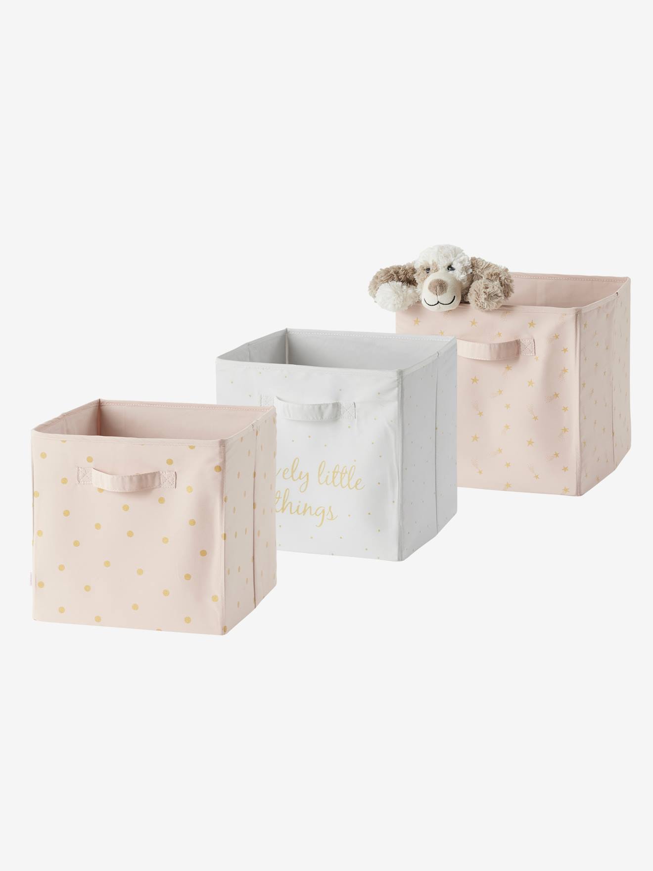 Conjunto de 3 lindas caixas organizadoras com estampa rosa claro.