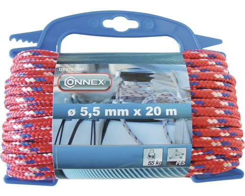 Gevlochten polyester touw, rood/blauw, Ø 5,5 mm, lengte 20 m