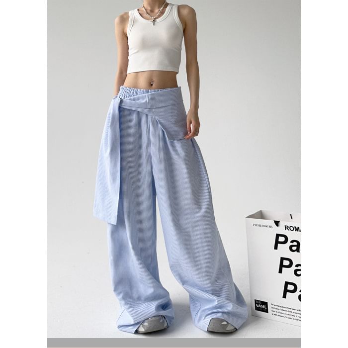 Rosesand - Gestreepte, losse, wijde broek met lage taille