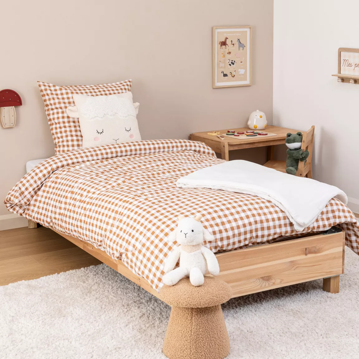 Housse de couette et une taie enfant coton (140 x 200 cm) Ferme Vichy Marron