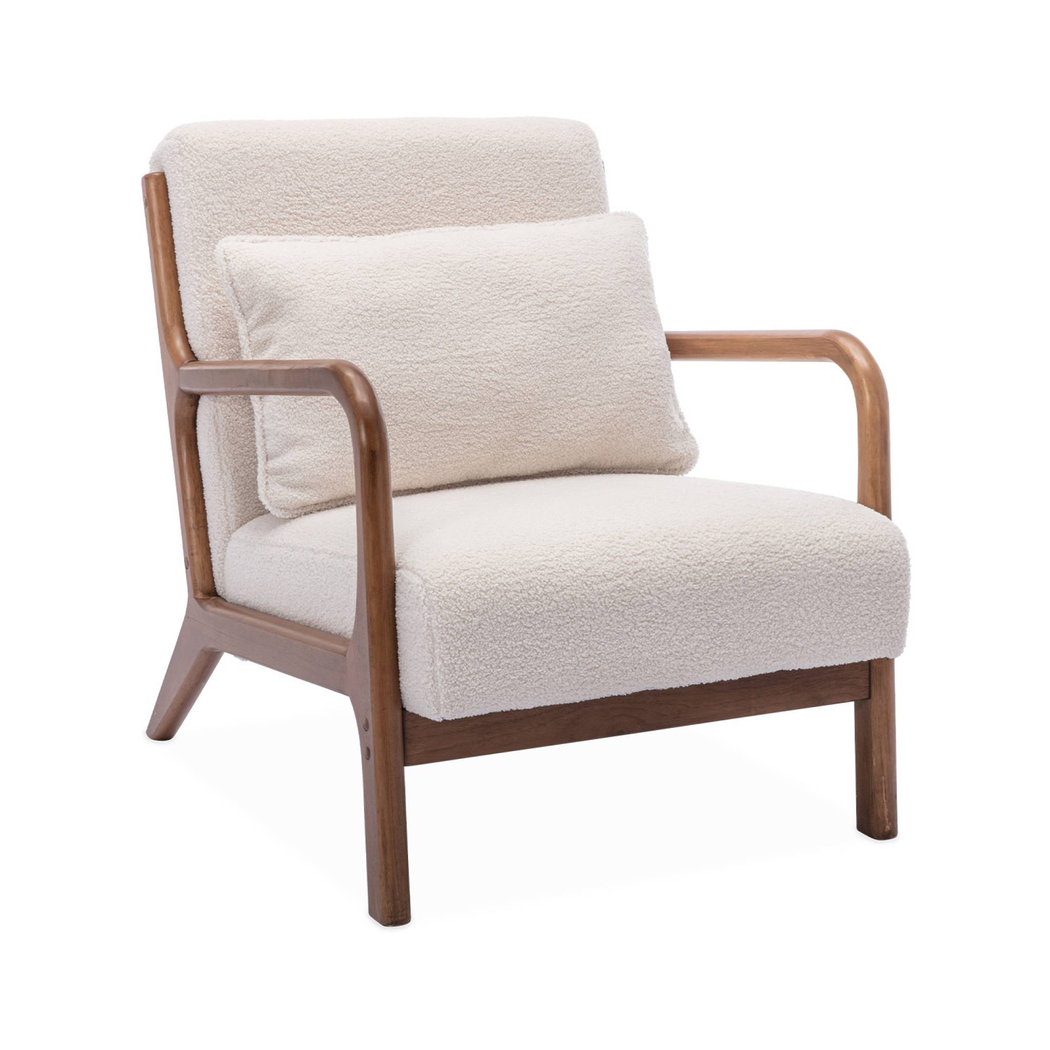 Banquette 2 places + fauteuil bouclette en bois d'hévéa teinté noyer clair