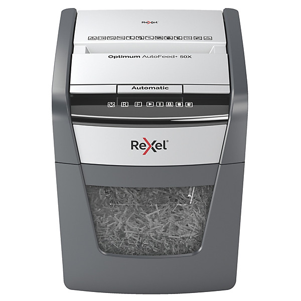 Rexel Destructeur de documents Optimum Auto+ 50X coupe croisée DIN P4 - 50 feuilles - corbeille 20L